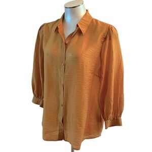 Express Women’s Portofino Button Down Shirt Puff 3/4 Sleeves mustard yellow M